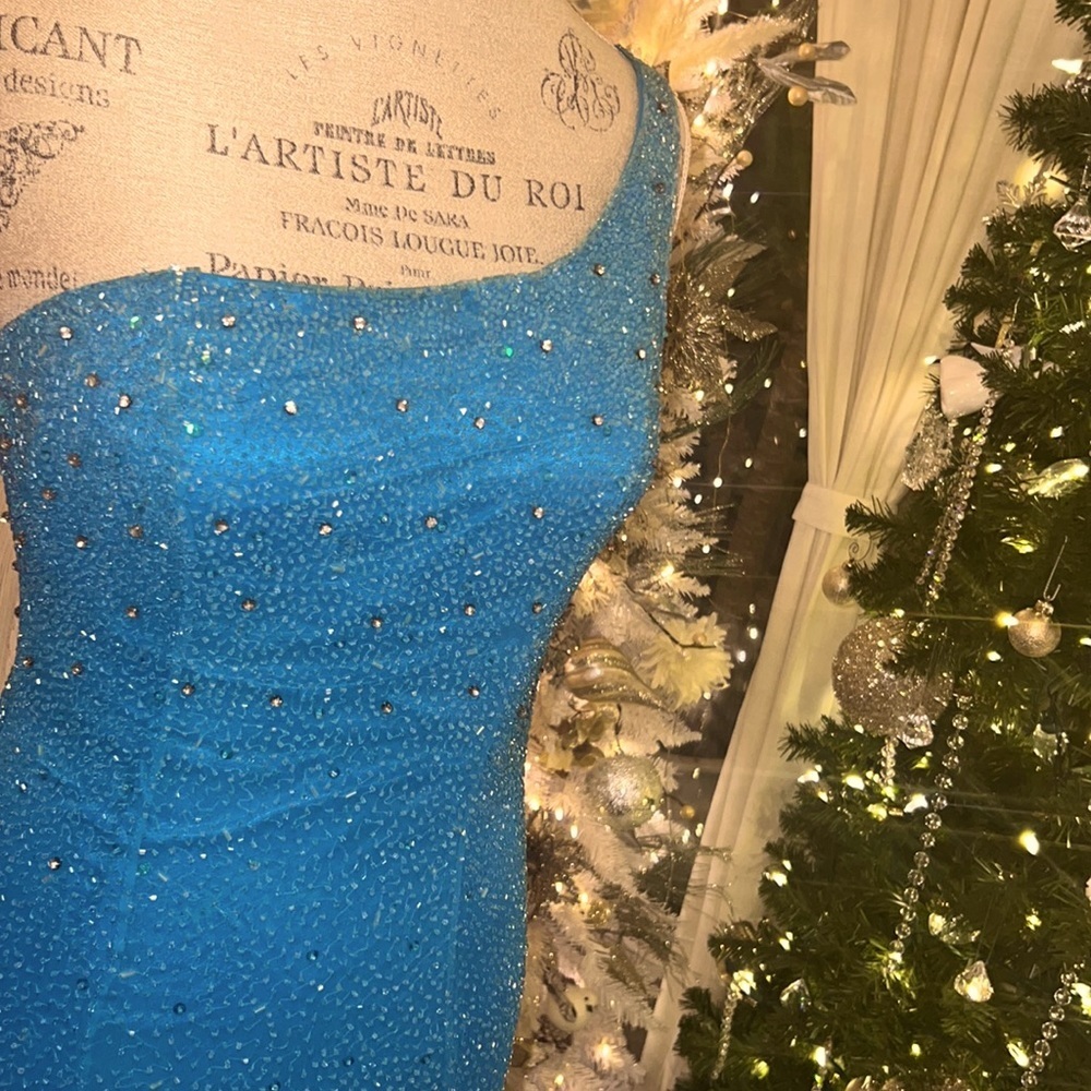 Alyce Designs turquoise blue beaded long gown one shoulder formal prom dress 4 - Picture 3 of 5